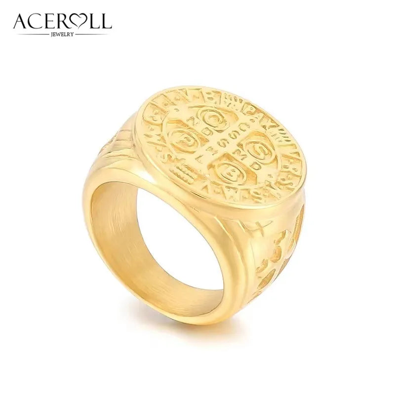 ACEROLL Stainless Steel Ring of Saint Benedict Medal for Exorcism Hip Pop Style