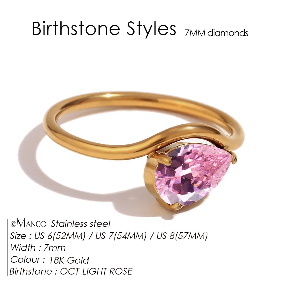 EManco Fashion Luxury Water Drop Shaped Cubic Zirconia Stainless Steel Women's Ring 18K Gold Plated Waterproof Jewelry Gift