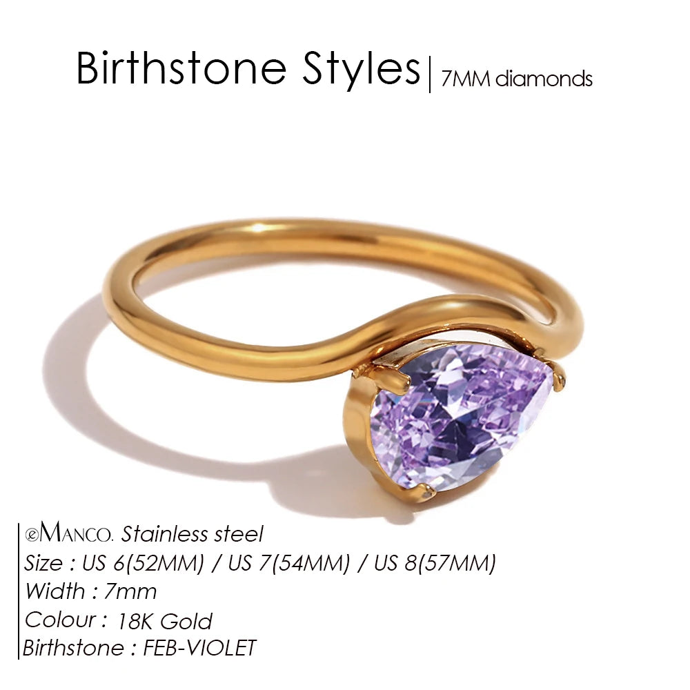 EManco Fashion Luxury Water Drop Shaped Cubic Zirconia Stainless Steel Women's Ring 18K Gold Plated Waterproof Jewelry Gift