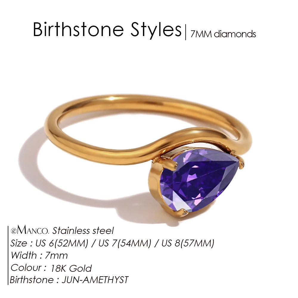 EManco Fashion Luxury Water Drop Shaped Cubic Zirconia Stainless Steel Women's Ring 18K Gold Plated Waterproof Jewelry Gift