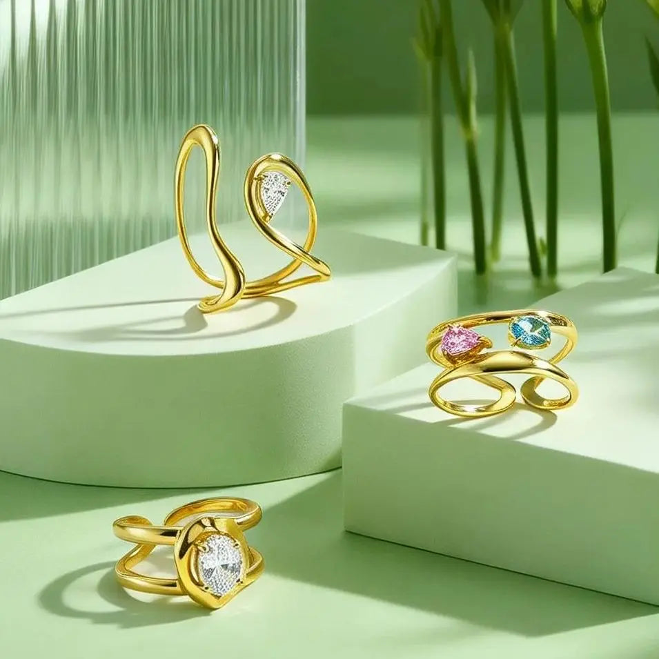 Double-Layer Waterdrop Zircon Open Ring for Women Stainless Steel Geometric Finger Rings Fashion Stacking Jewelry Gift