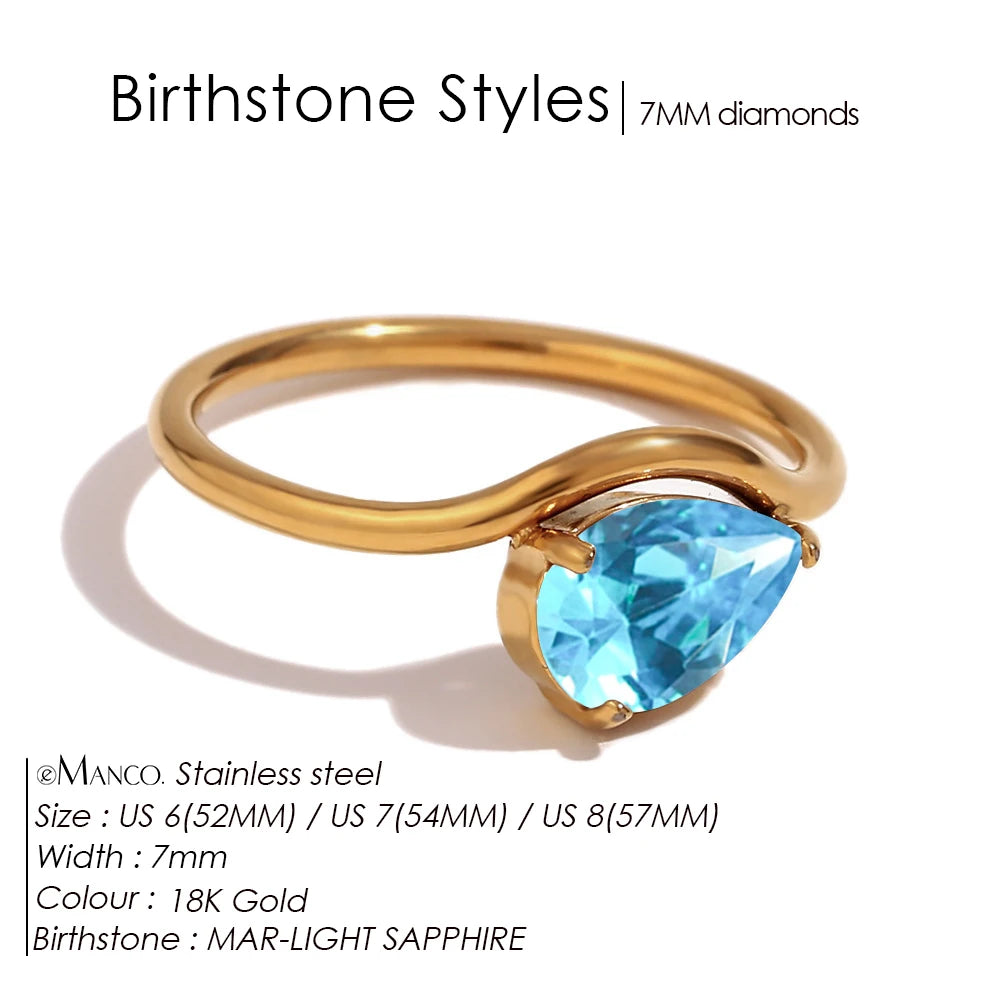 EManco Fashion Luxury Water Drop Shaped Cubic Zirconia Stainless Steel Women's Ring 18K Gold Plated Waterproof Jewelry Gift