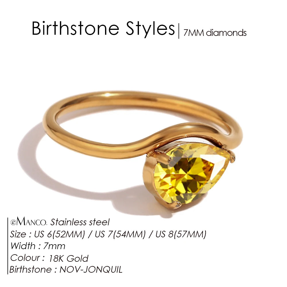 EManco Fashion Luxury Water Drop Shaped Cubic Zirconia Stainless Steel Women's Ring 18K Gold Plated Waterproof Jewelry Gift