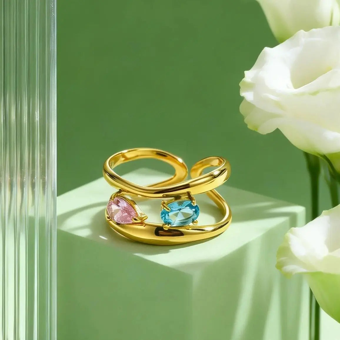 Double-Layer Waterdrop Zircon Open Ring for Women Stainless Steel Geometric Finger Rings Fashion Stacking Jewelry Gift