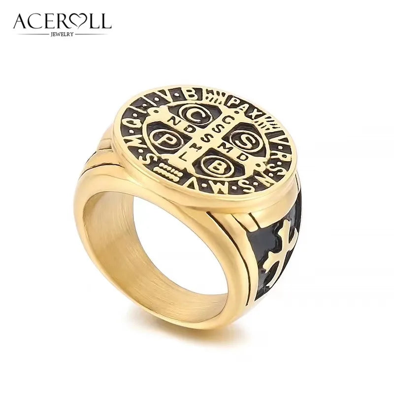 ACEROLL Stainless Steel Ring of Saint Benedict Medal for Exorcism Hip Pop Style